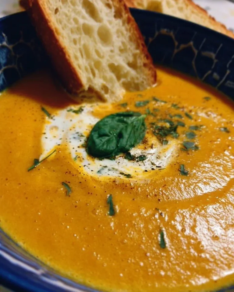 Bowl of creamy roasted veggie soup garnished with fresh herbs and bread