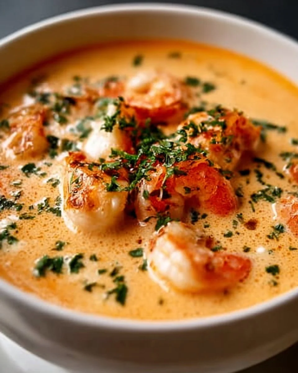 Bowl of creamy seafood bisque garnished with herbs and seafood