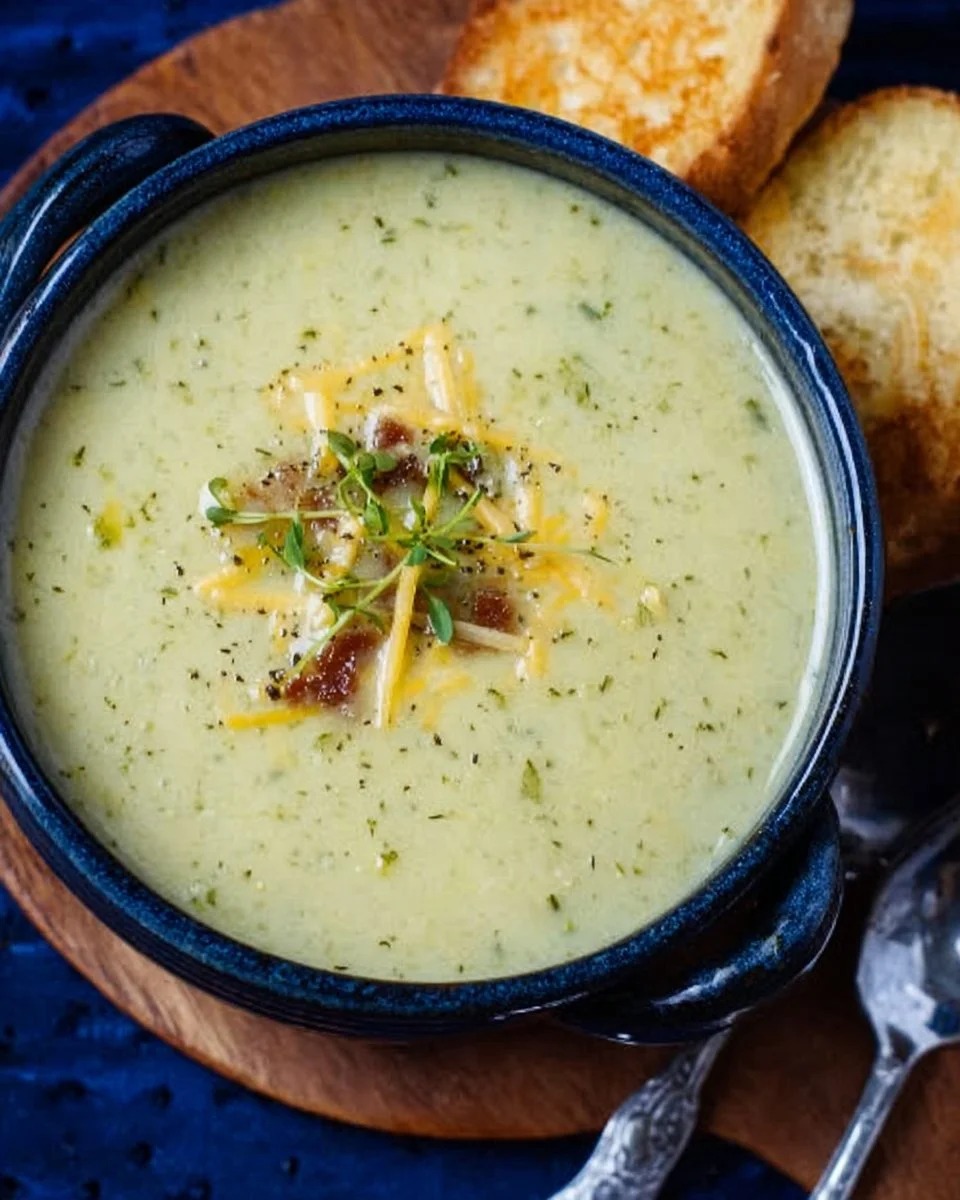 Bowl of creamy zucchini soup topped with fresh herbs