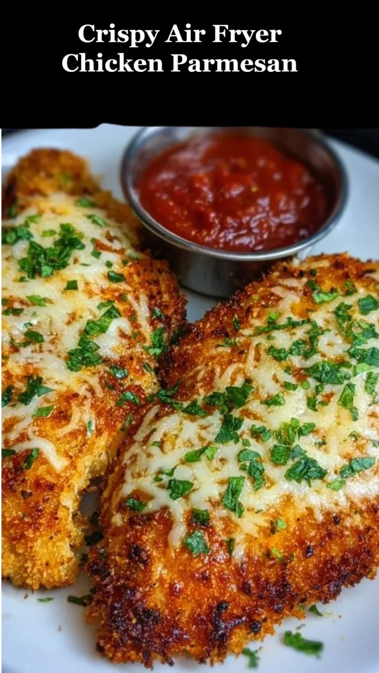 Crispy air fryer chicken parmesan plated and garnished with fresh basil.