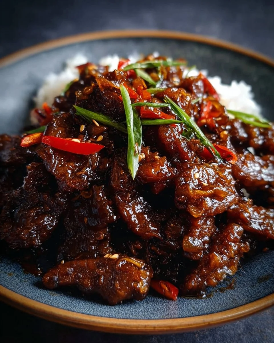 Delicious crispy chilli beef served on a plate with vibrant vegetables.