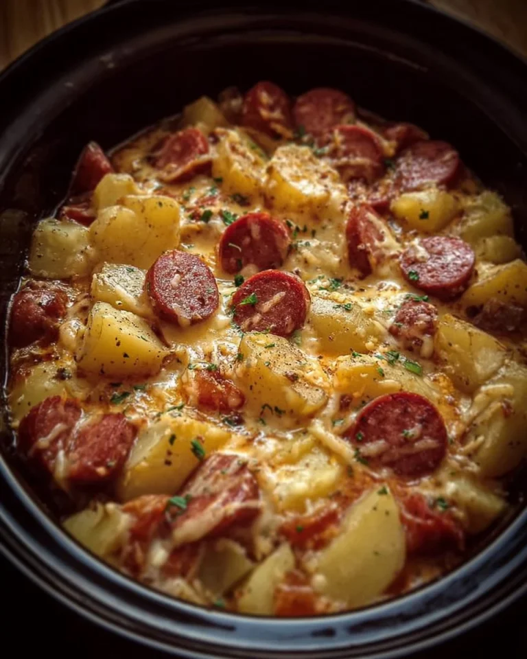 Crockpot cheesy potatoes and kielbasa dish served in a bowl