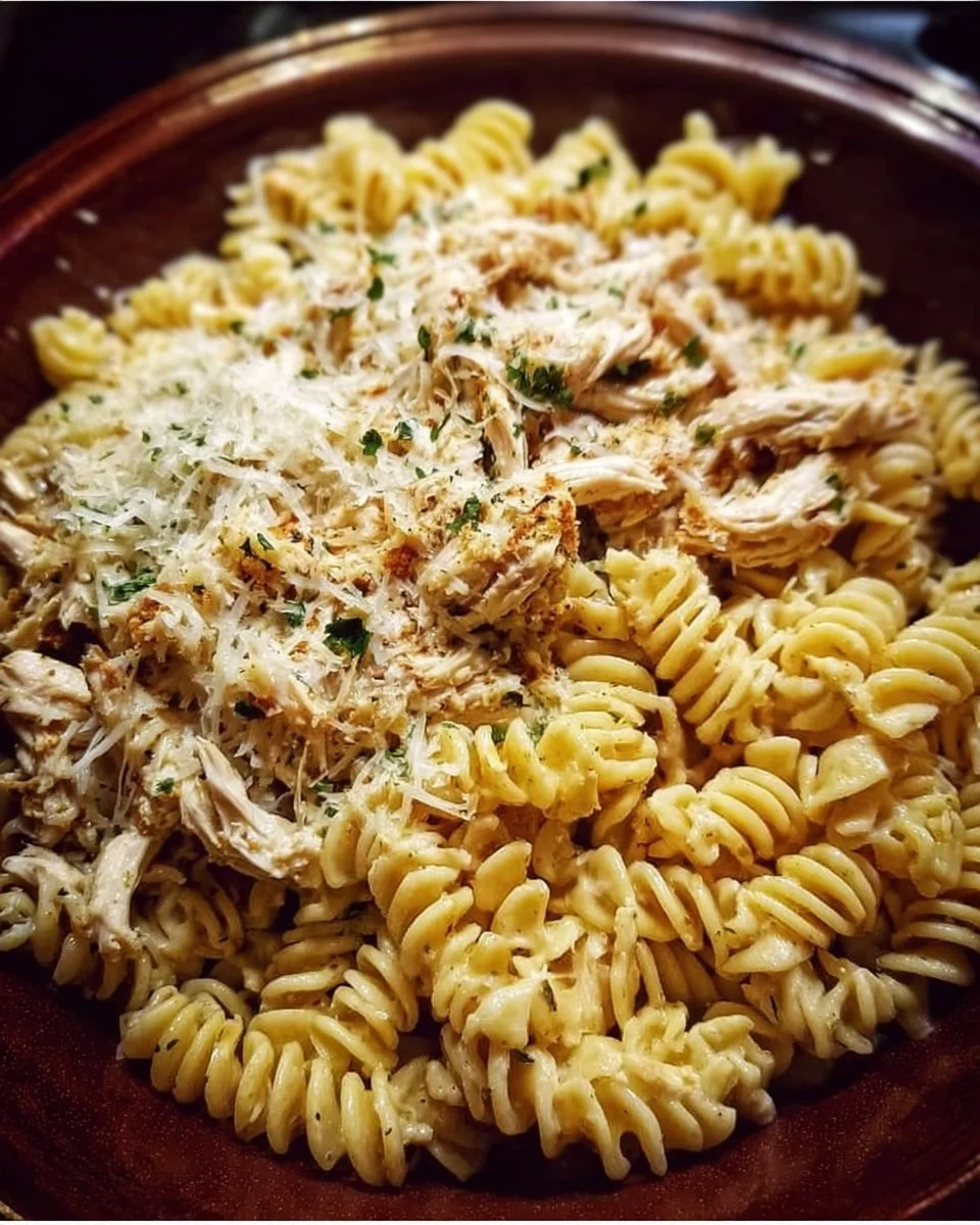 Crockpot Garlic Parmesan Chicken Pasta in a bowl garnished with parsley.