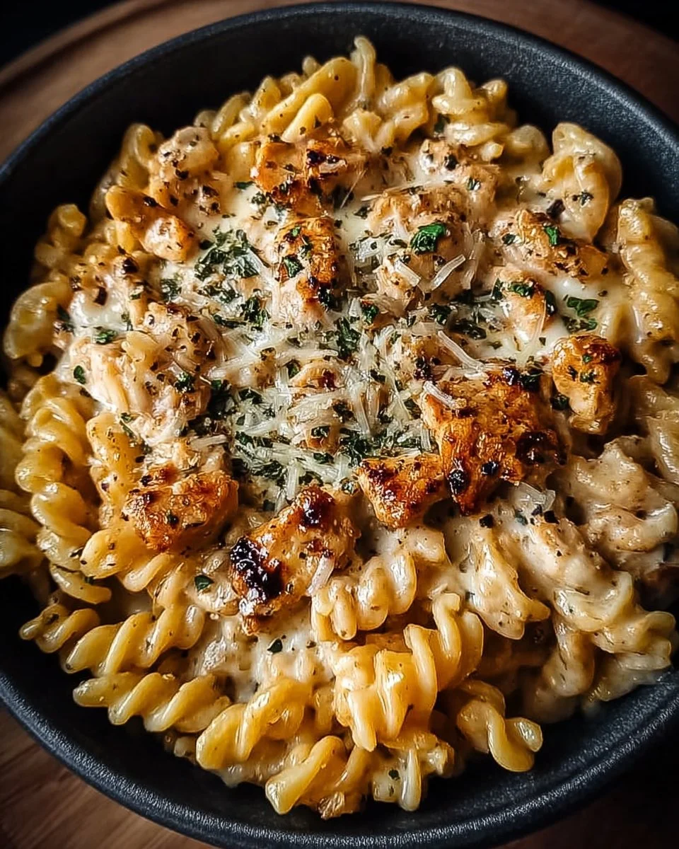 Delicious bowl of Crockpot Garlic Parmesan Chicken Pasta with herbs and cheese