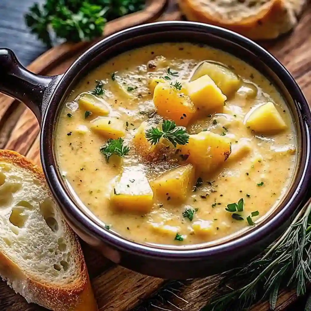 Creamy cheddar garlic herb potato soup served in a bowl with fresh herbs