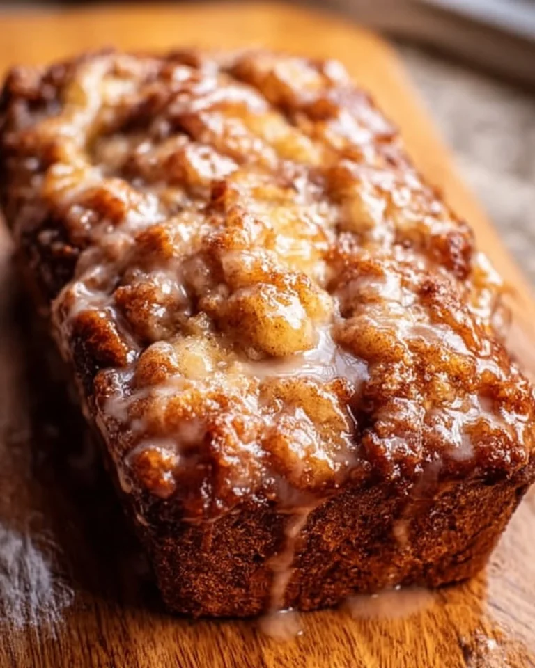 Slice of easy Amish apple fritter bread topped with glaze