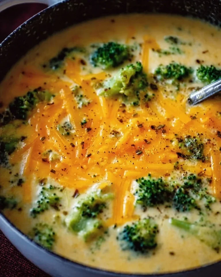 Delicious bowl of easy broccoli cheddar soup with creamy texture and cheese topping
