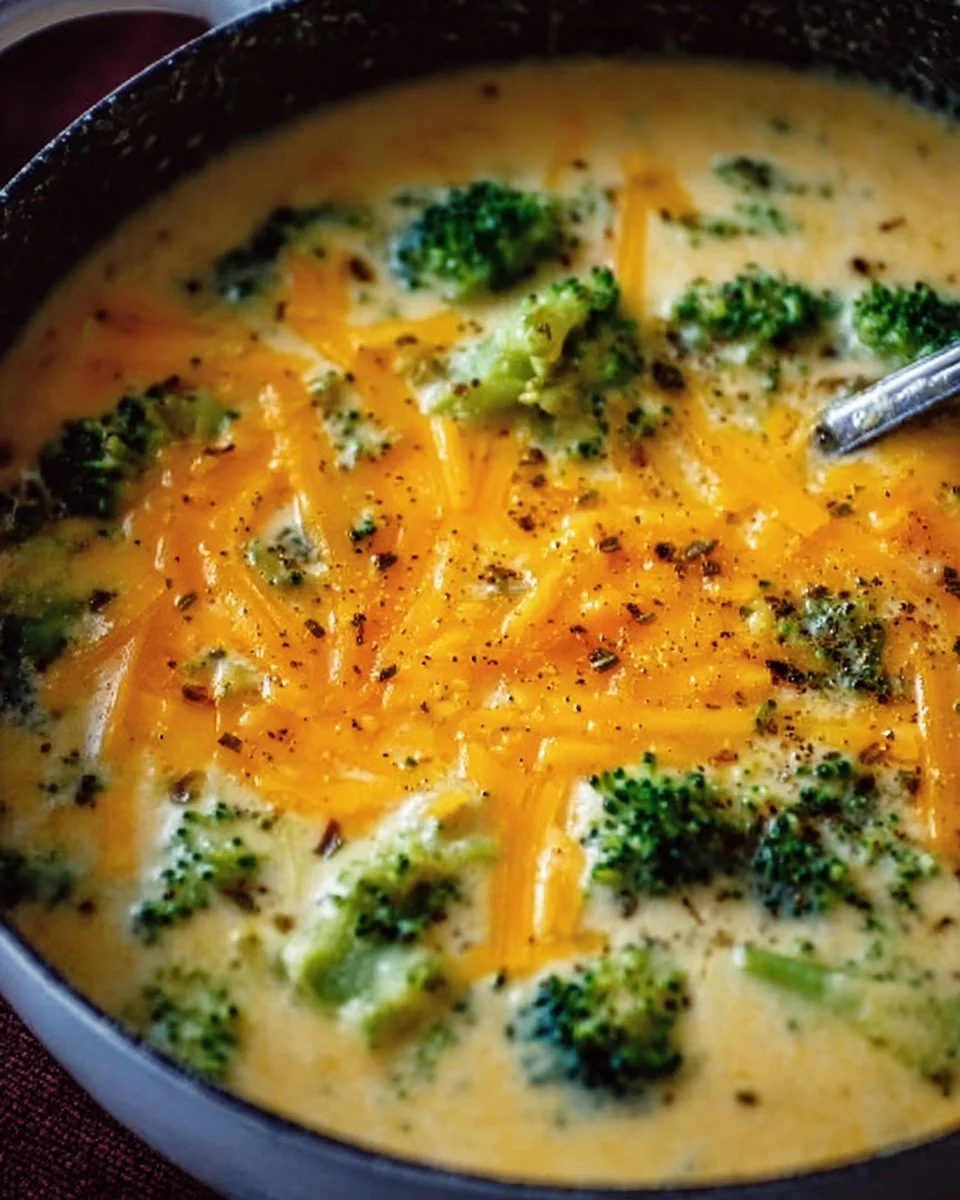 Delicious bowl of easy broccoli cheddar soup with creamy texture and cheese topping