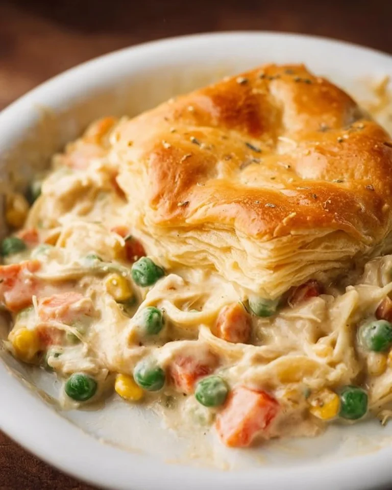 Delicious easy chicken pot pie casserole topped with golden crust.
