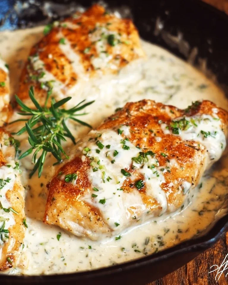 Cream cheese chicken dish topped with herbs and served on a plate
