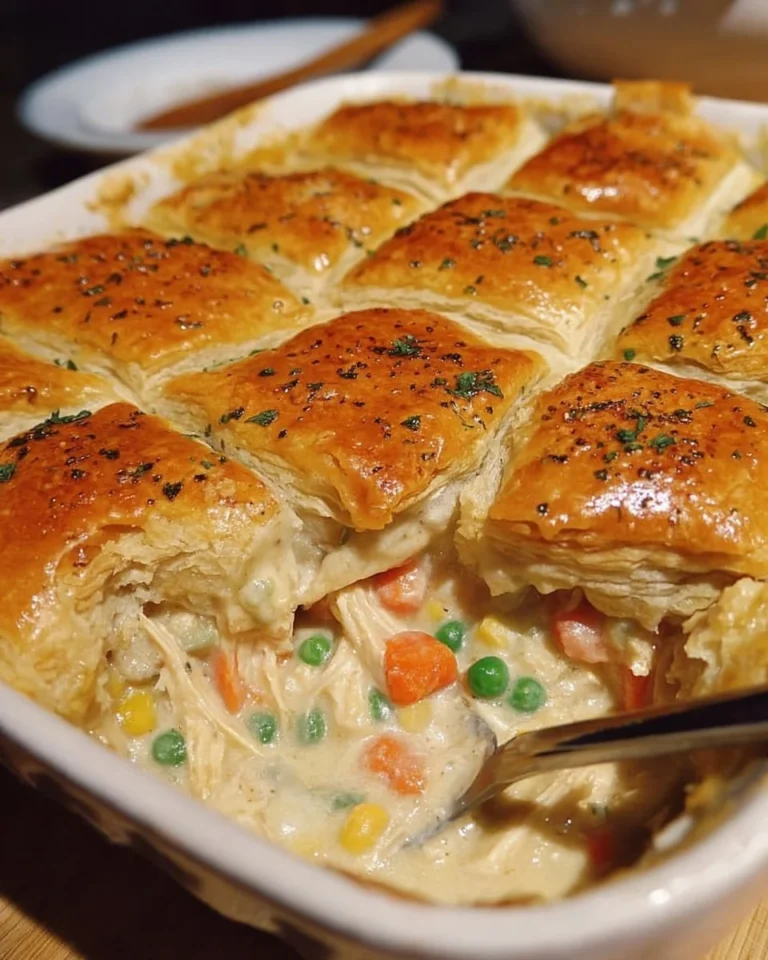 Delicious easy homemade chicken pot pie casserole served in a baking dish