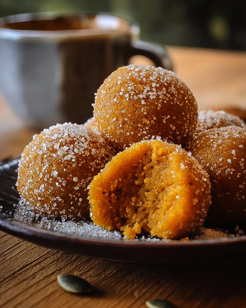 Homemade pumpkin spice energy bites on a wooden table.