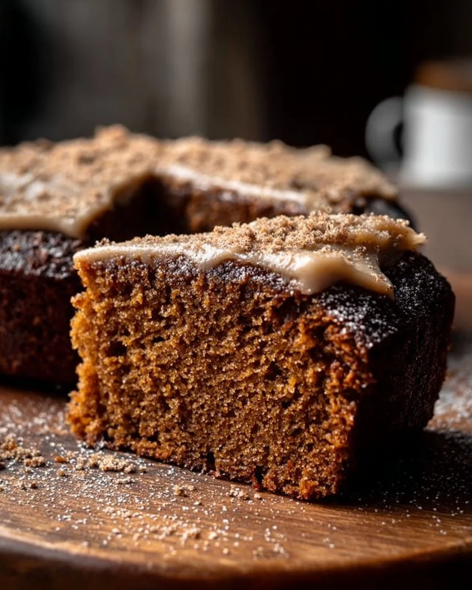 Deliciously moist and spiced cake topped with frosting and garnished with cinnamon.