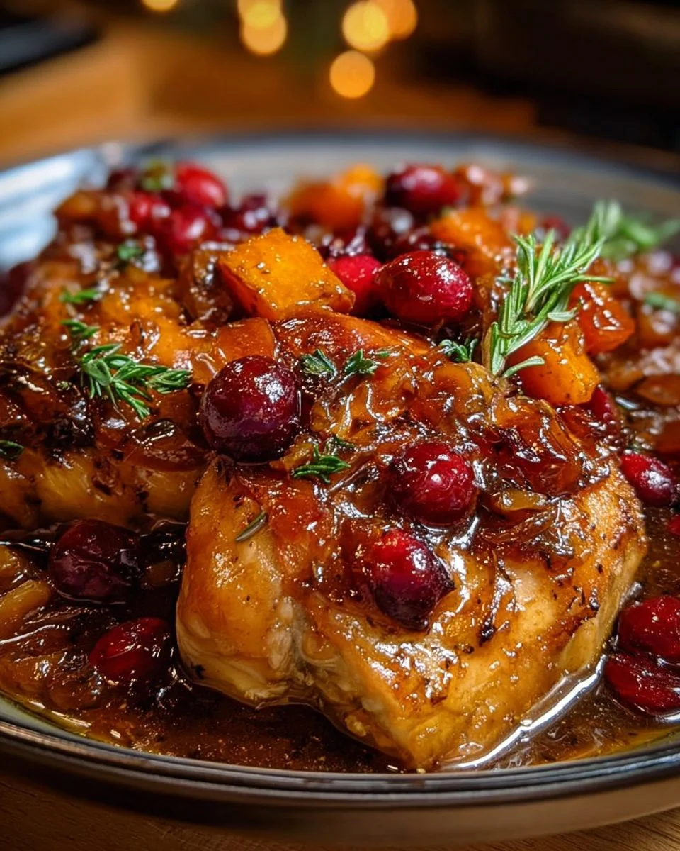 Crockpot Chicken with cranberry and apricot glaze served on a plate
