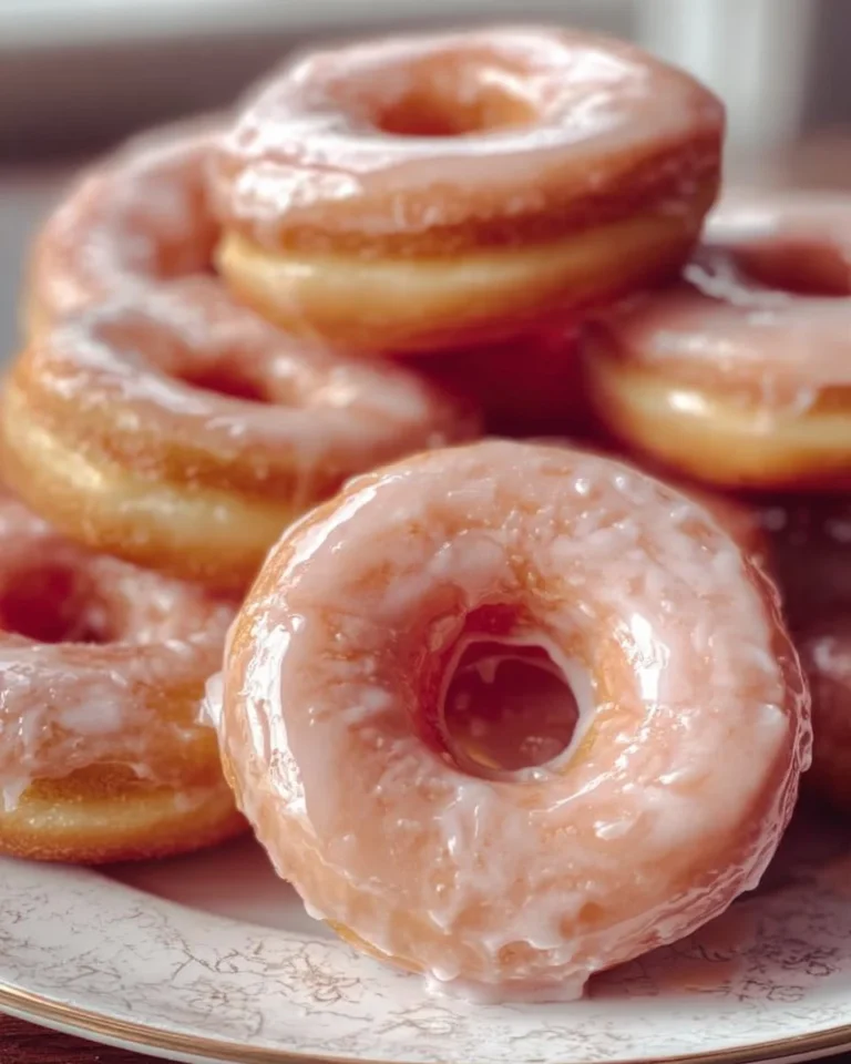 Fluffy glazed donuts on a plate with a light glaze