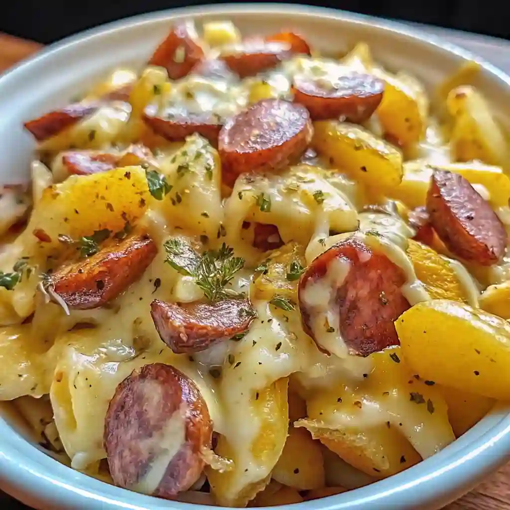 Cheesy ranch potatoes with smoked sausage in a serving dish