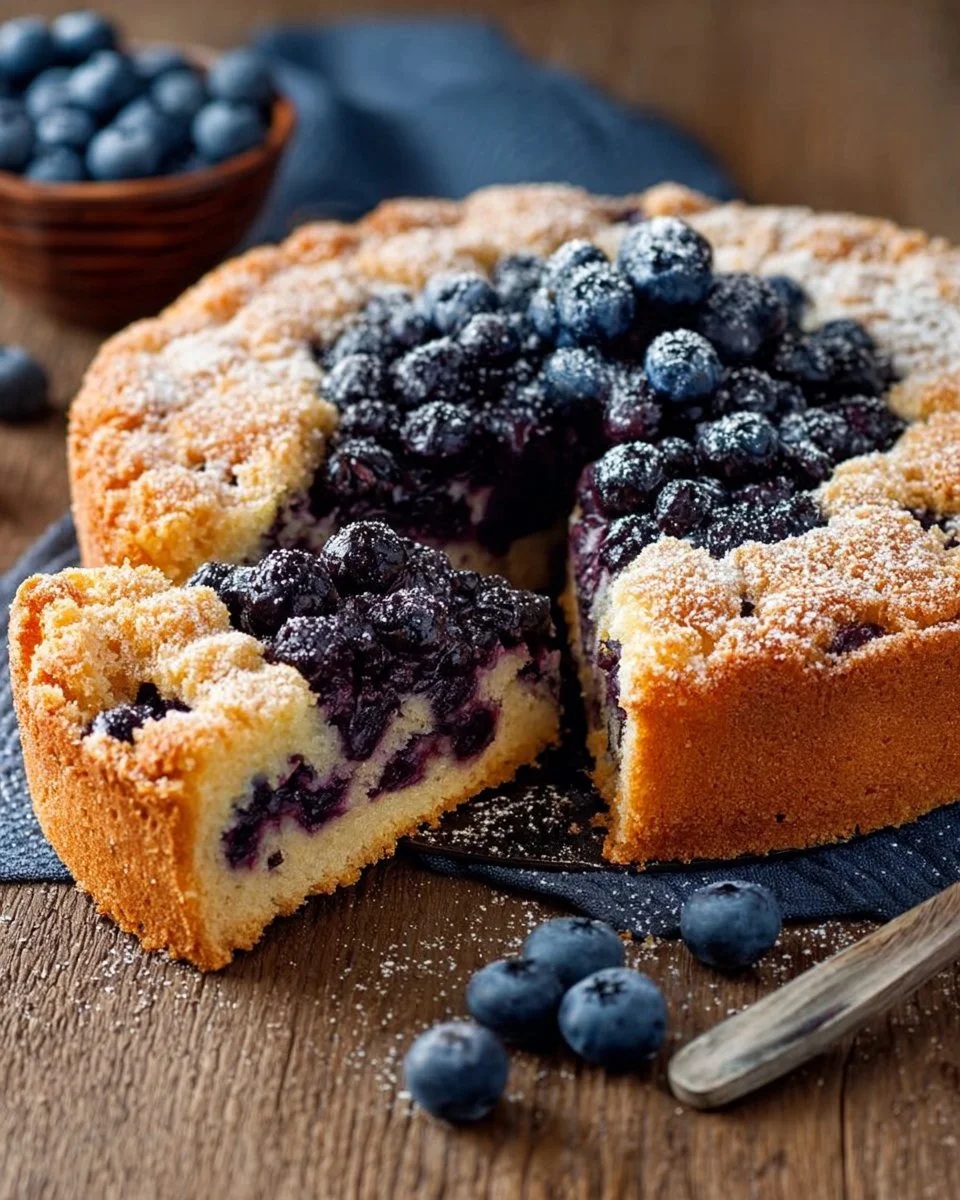 Delicious slice of German Blueberry Cake topped with fresh blueberries