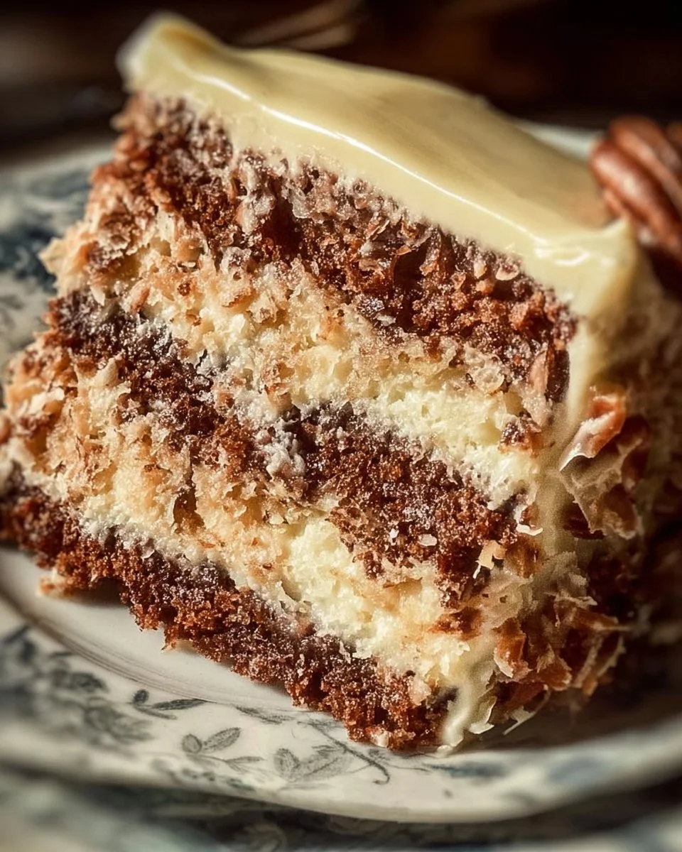 Slice of German Chocolate Cake with coconut and pecan frosting on a plate.