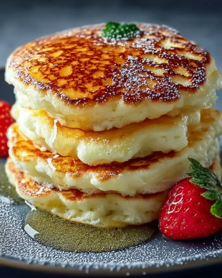 Fluffy gluten-free cottage cheese pancakes stacked on a plate with syrup