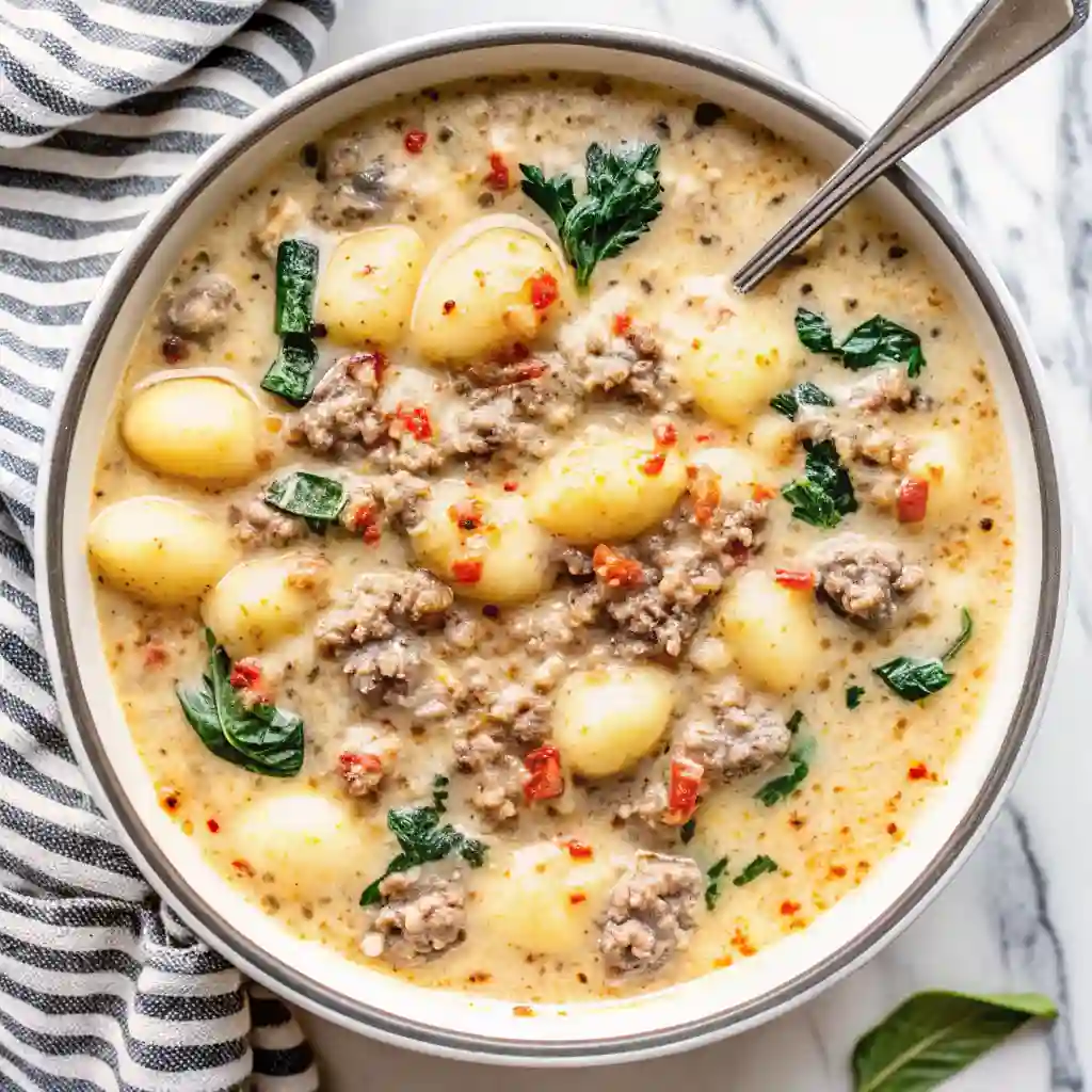 Bowl of Gnocchi Tuscan Soup topped with fresh herbs and Parmesan cheese
