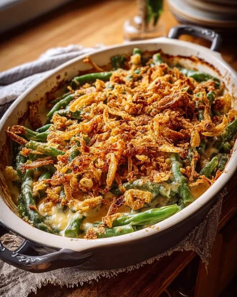 Delicious green bean casserole topped with crispy onions and served in a baking dish