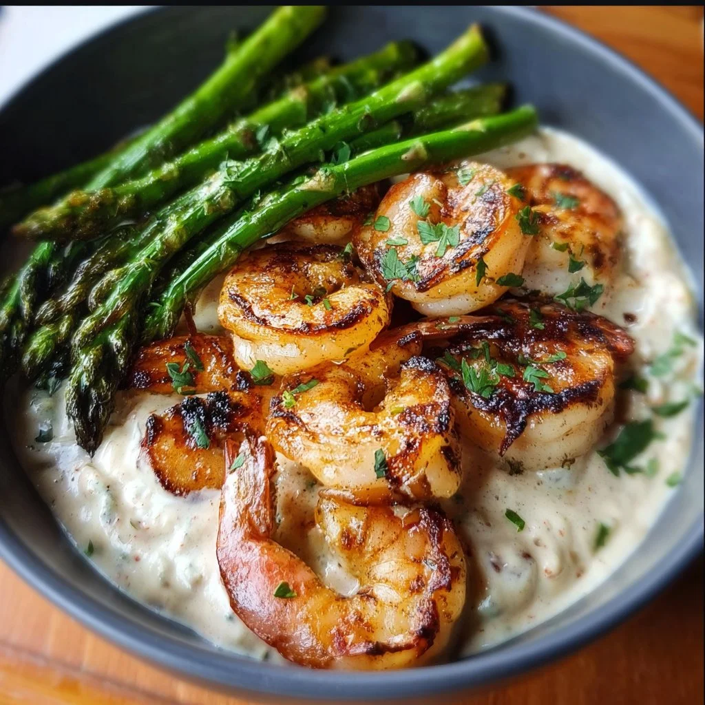 Grilled shrimp bowl with asparagus and creamy garlic sauce served in a bowl.