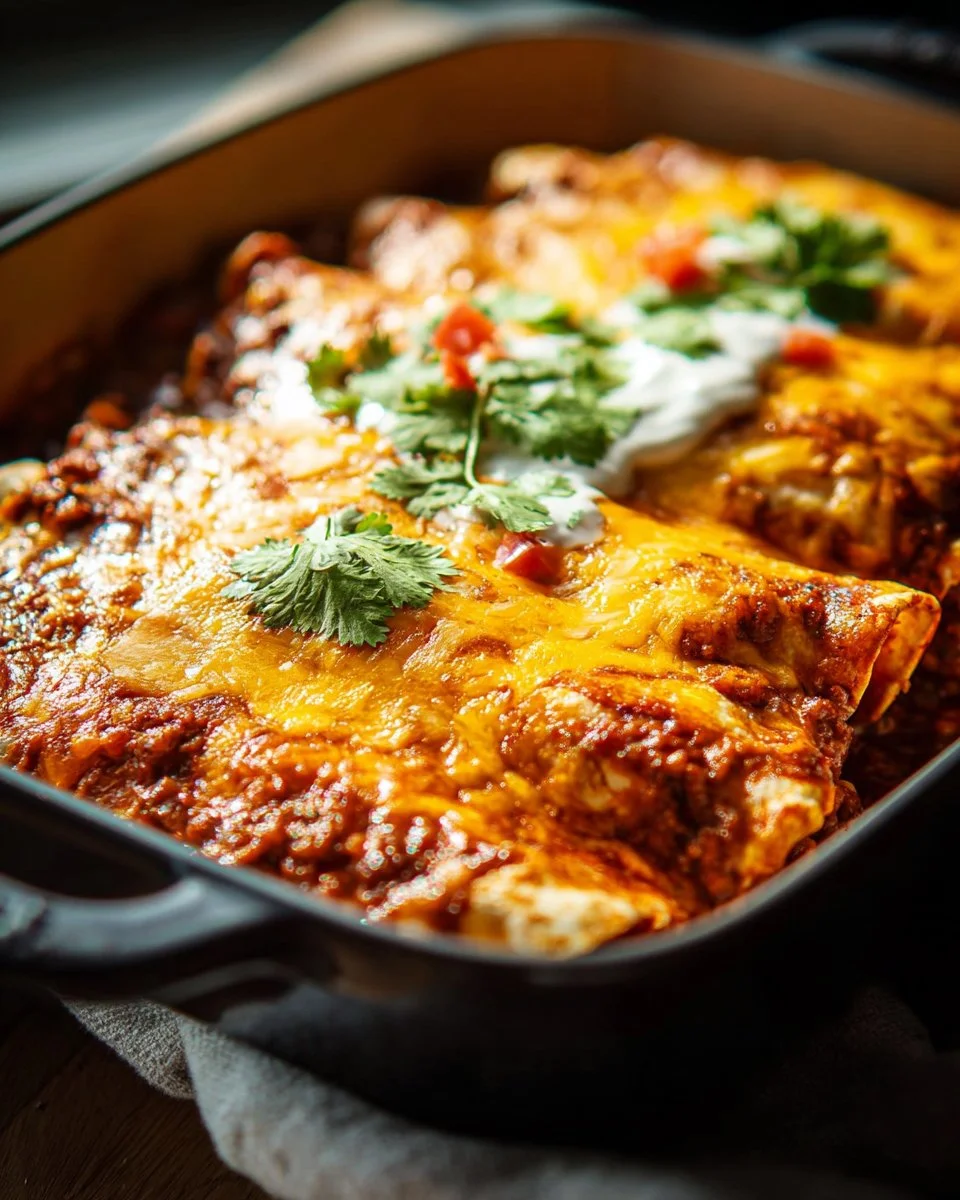 Delicious ground beef enchiladas topped with cheese and sauce