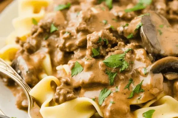 Delicious plate of Hamburger Stroganoff with creamy sauce and noodles