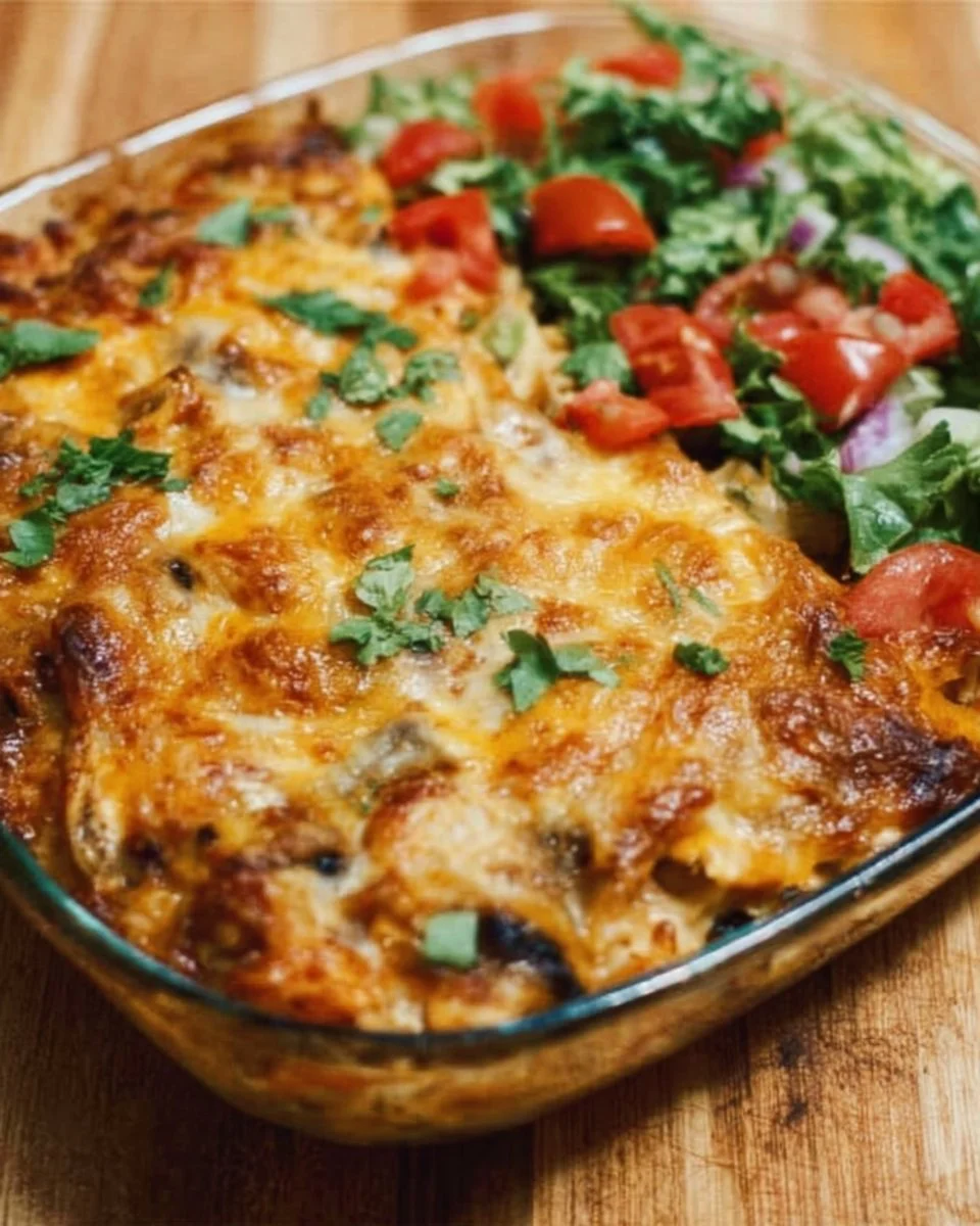 Healthy Chicken Burrito Casserole topped with fresh ingredients and spices.