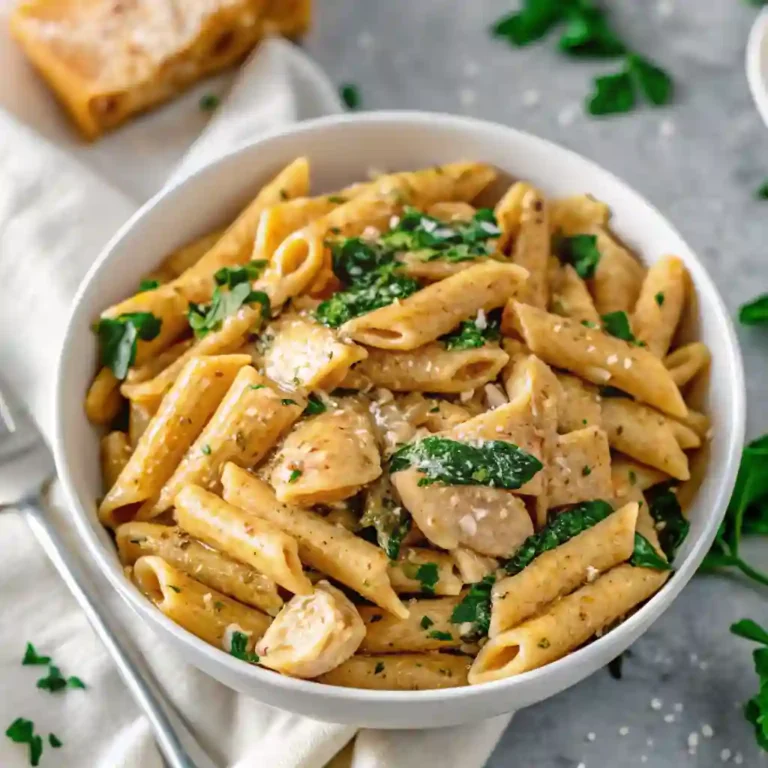 Creamy garlic parmesan chicken pasta served in a bowl with herbs.