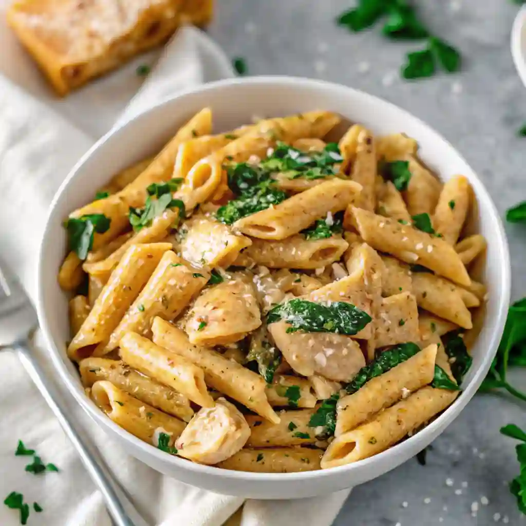 Creamy garlic parmesan chicken pasta served in a bowl with herbs.