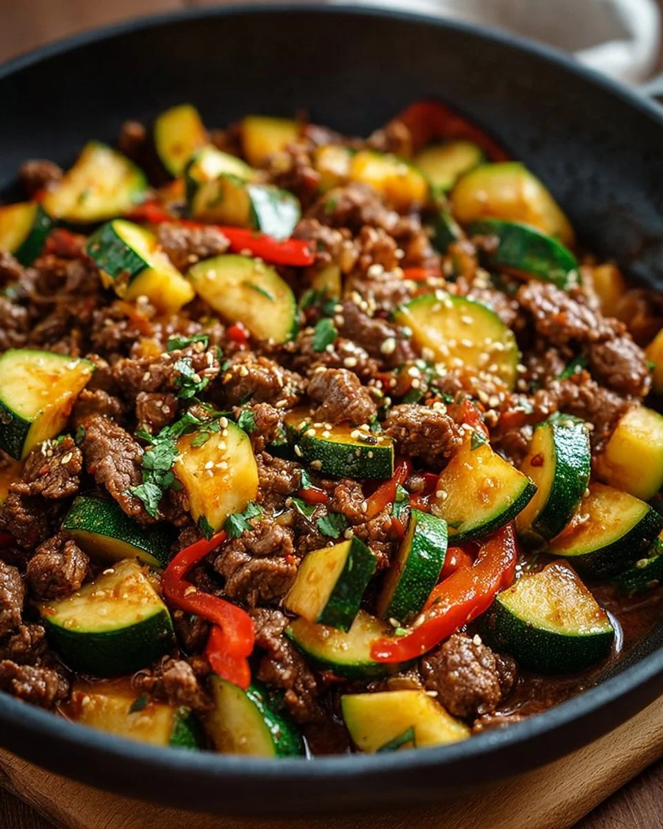 Healthy zucchini beef stir-fry with colorful vegetables and savory sauce.