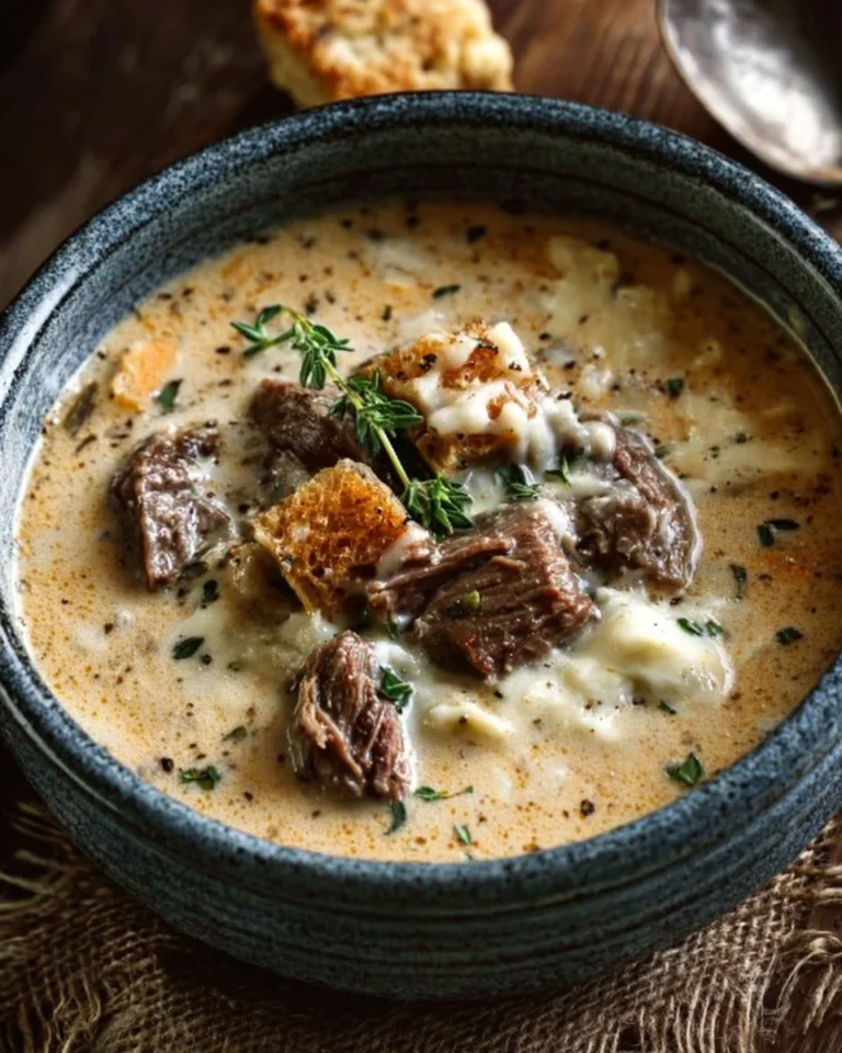 A bowl of hearty creamy Philly Cheese Steak Soup garnished with parsley.