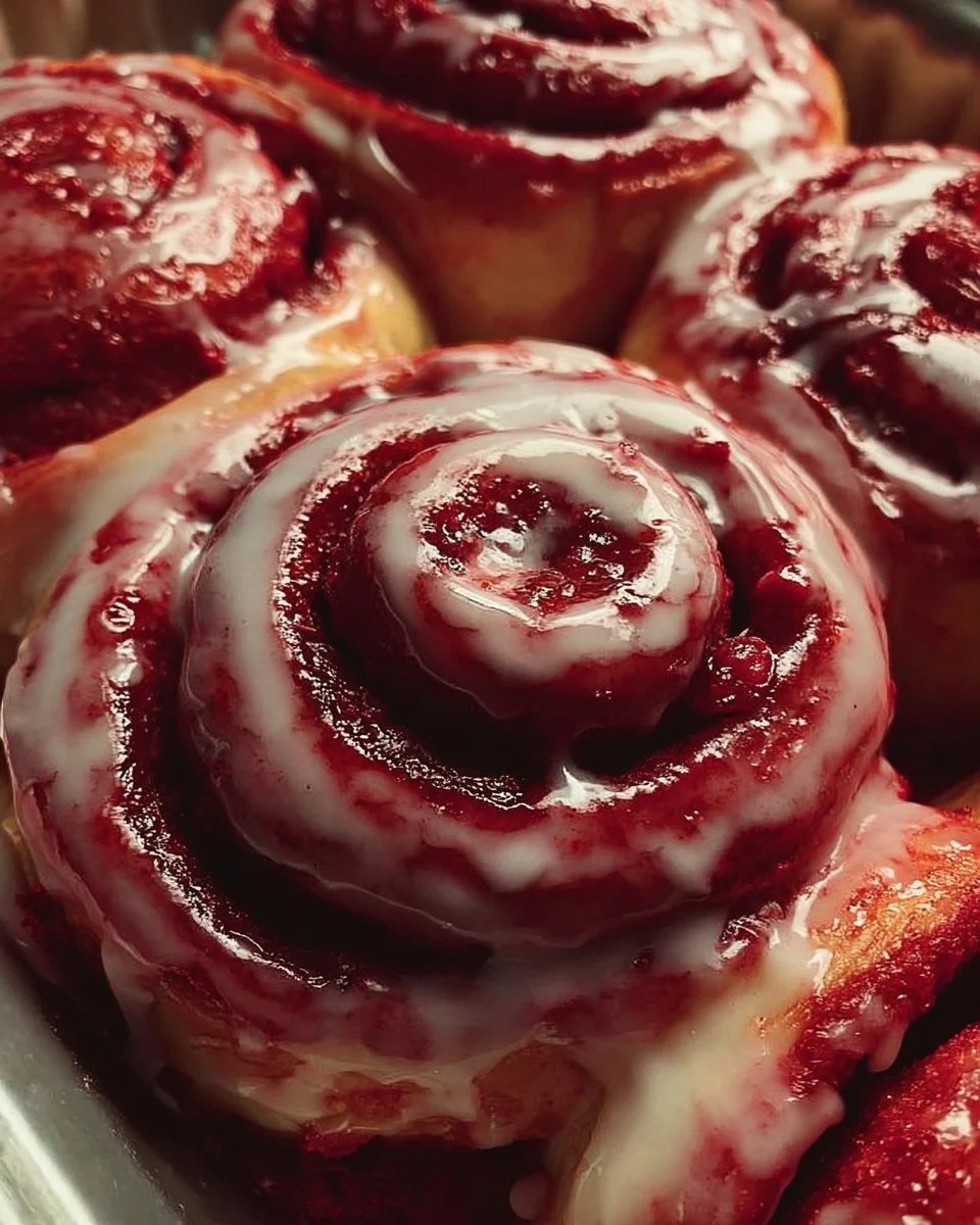 Delicious red velvet cinnamon rolls topped with cream cheese frosting.