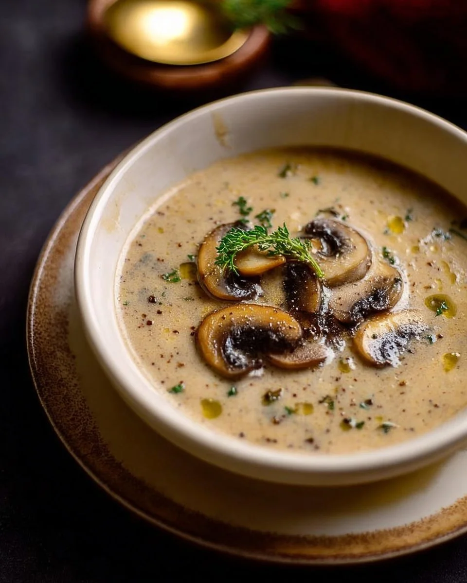 Bowl of Hungarian Mushroom Soup garnished with fresh herbs