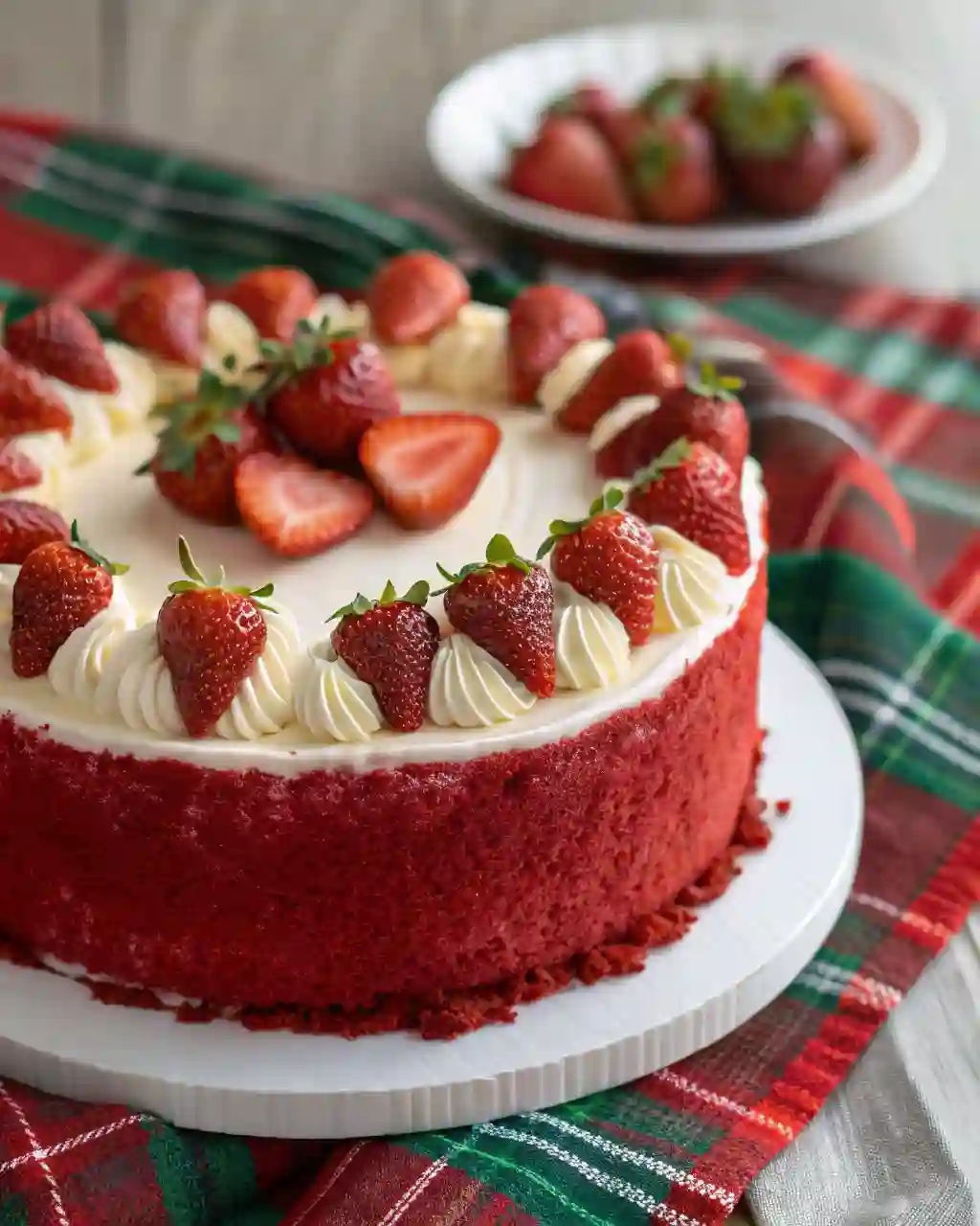 Slice of Red Velvet Strawberry Cake with fresh strawberries and cream cheese frosting.