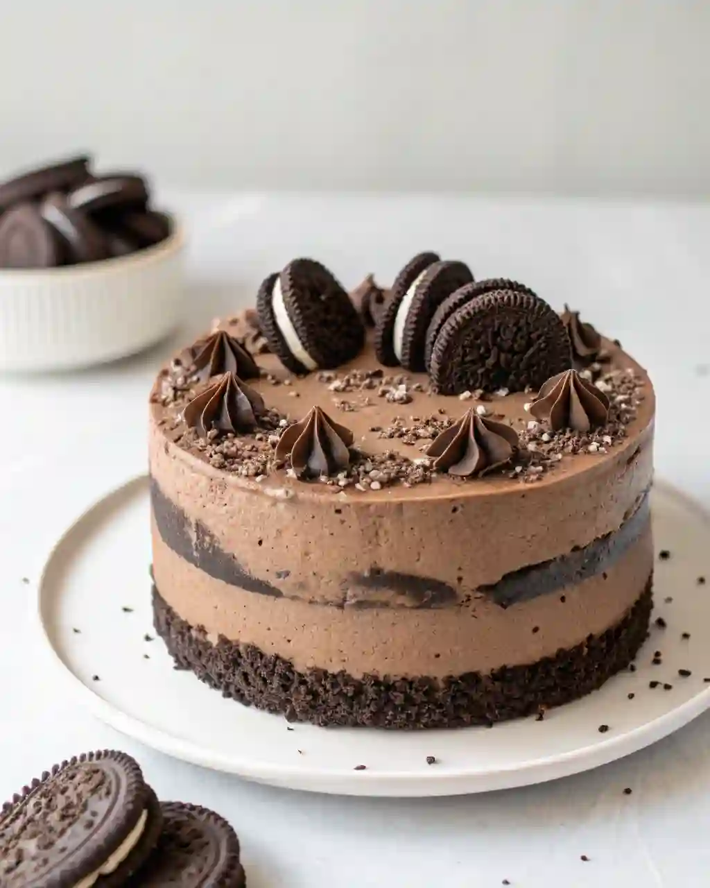 Delicious Chocolate Oreo Cake with cream and Oreo crumbs on top