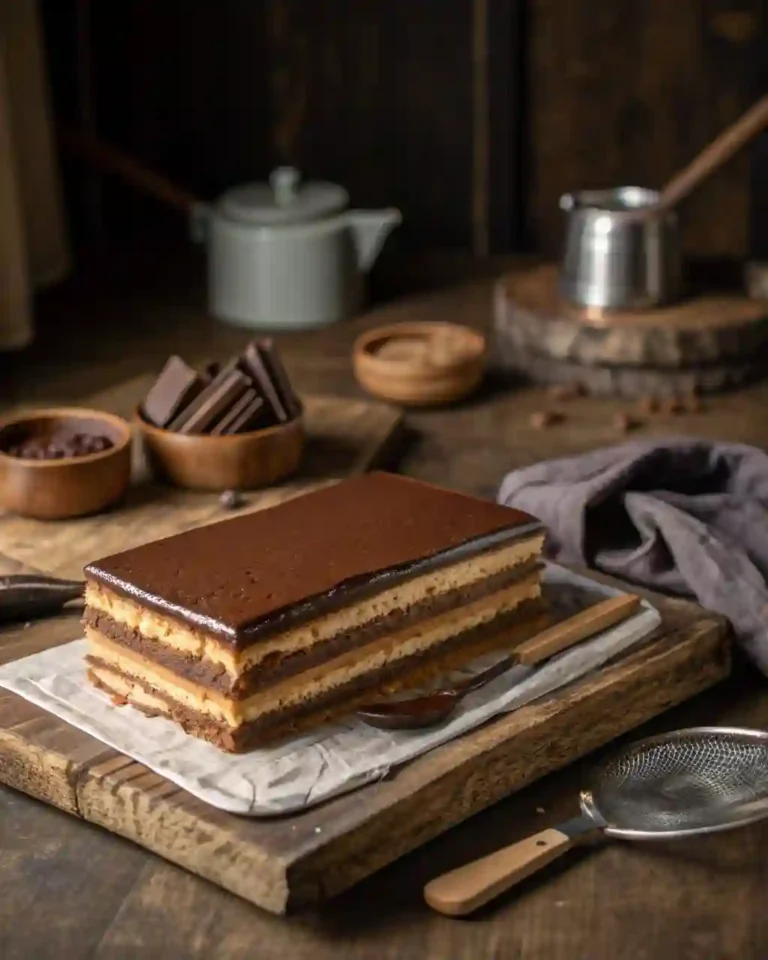 Delicious French Opera Cake featuring coffee, chocolate, and almond layers.