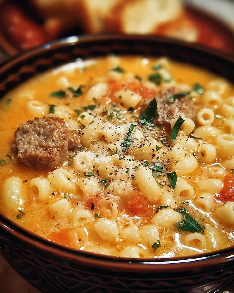 Bowl of Italian sausage and ditalini pasta soup garnished with parsley