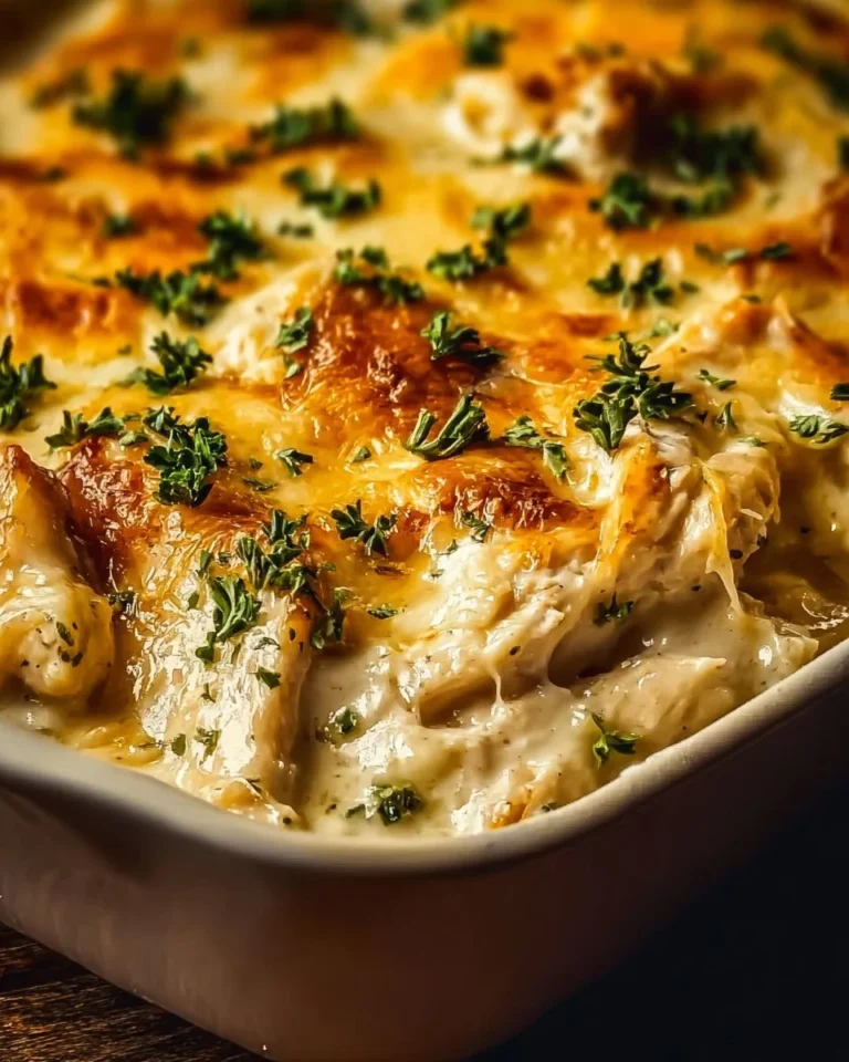 Delicious Keto Chicken Alfredo Casserole in a baking dish topped with melted cheese.