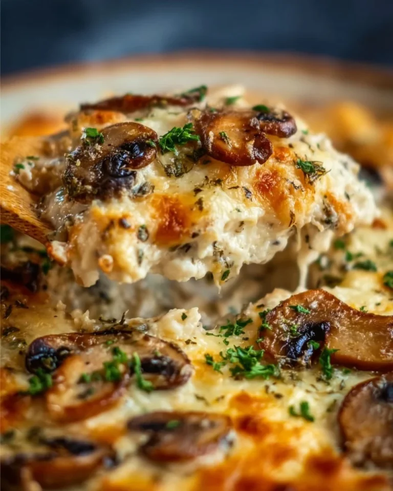 Delicious Keto Garlic Mushroom Chicken Casserole with creamy sauce