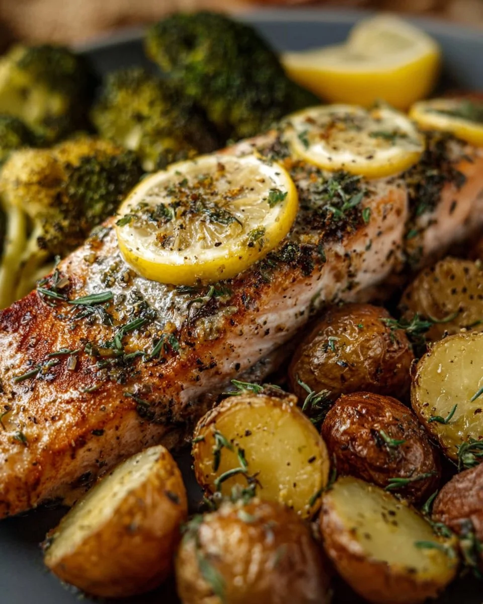 Delicious Lemon Butter Salmon fillet served with lemon slices and herbs