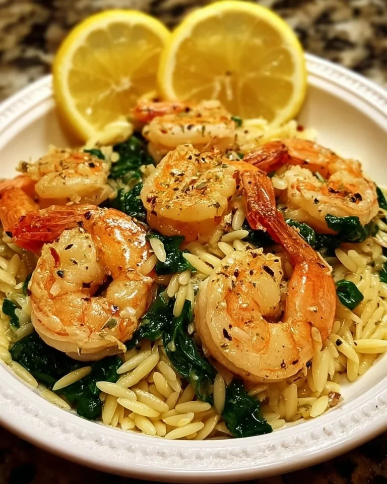Delicious Lemon Garlic Shrimp served with spinach orzo on a white plate.