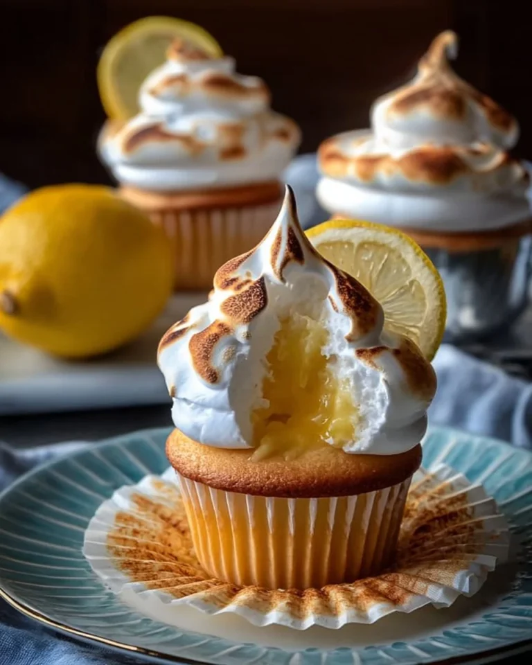 Lemon Meringue Cupcakes with fluffy meringue topping on a decorative plate.