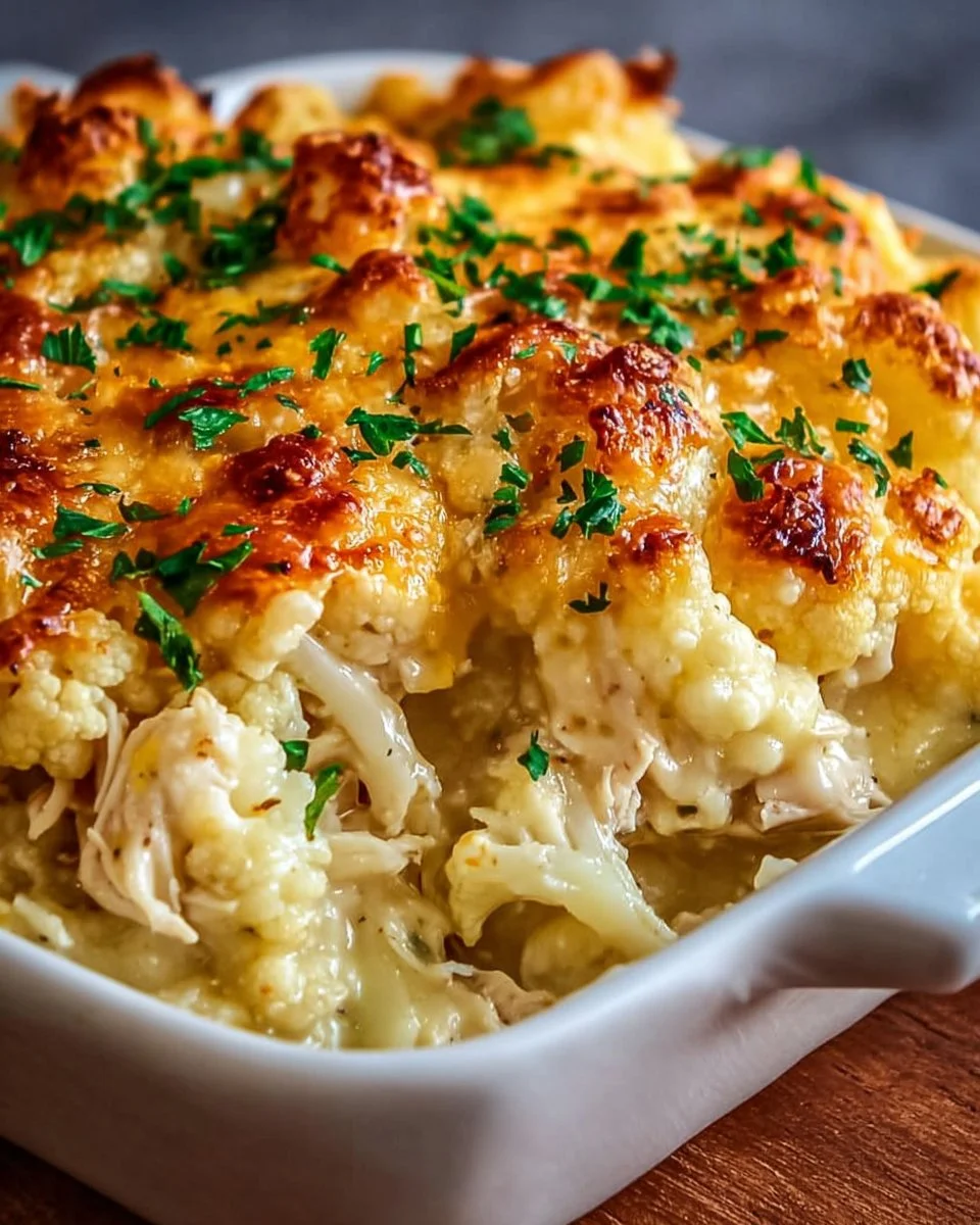 Light Chicken Cauliflower Casserole baked with veggies and spices