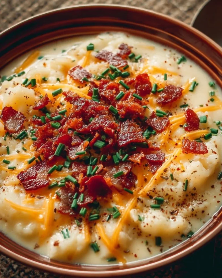 Delicious loaded potato soup topped with cheese, bacon, and scallions