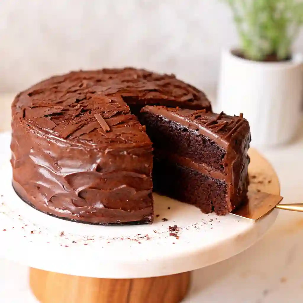 Delicious slice of Matilda Chocolate Cake topped with rich chocolate frosting