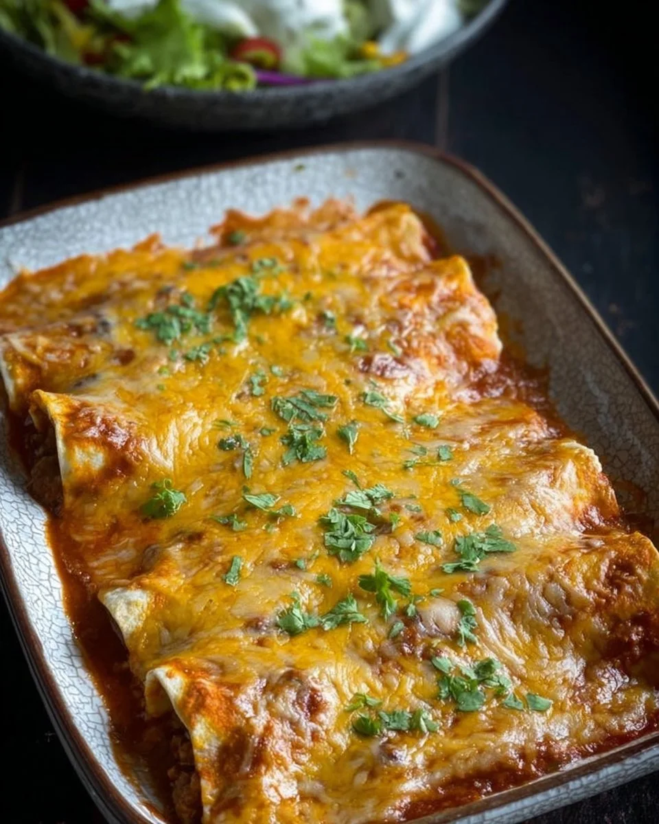 Plate of meaty enchiladas topped with cheese and fresh cilantro
