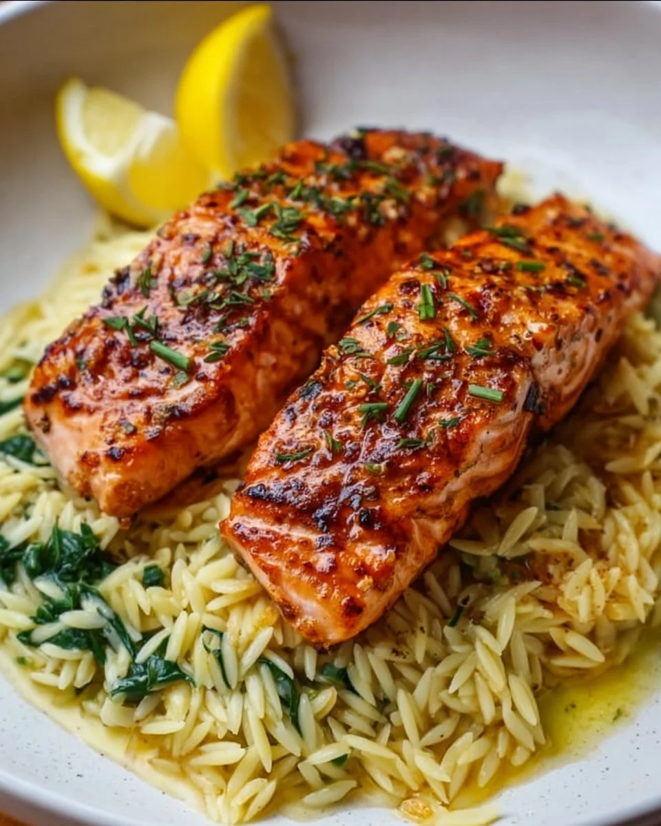 Mediterranean Salmon served with lemon orzo on a plate
