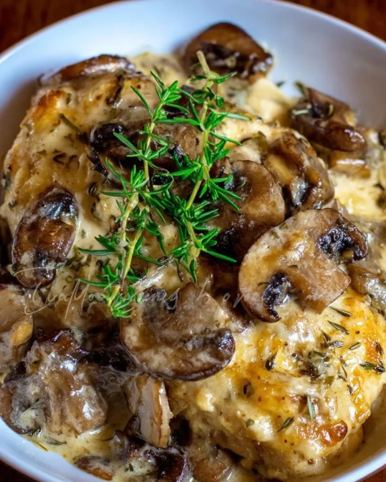 Plate of Mushroom Asiago Chicken with creamy sauce and mushrooms